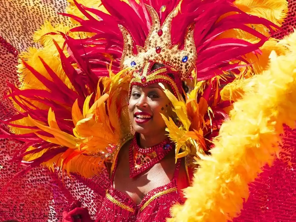 Carnival performer in a colourful feathered costume during Rio de Janeiro Carnival.