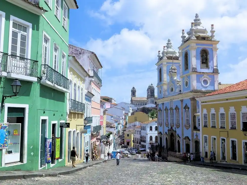 Historic centre of Salvador da Bahia with colourful colonial buildings and ornate churches.