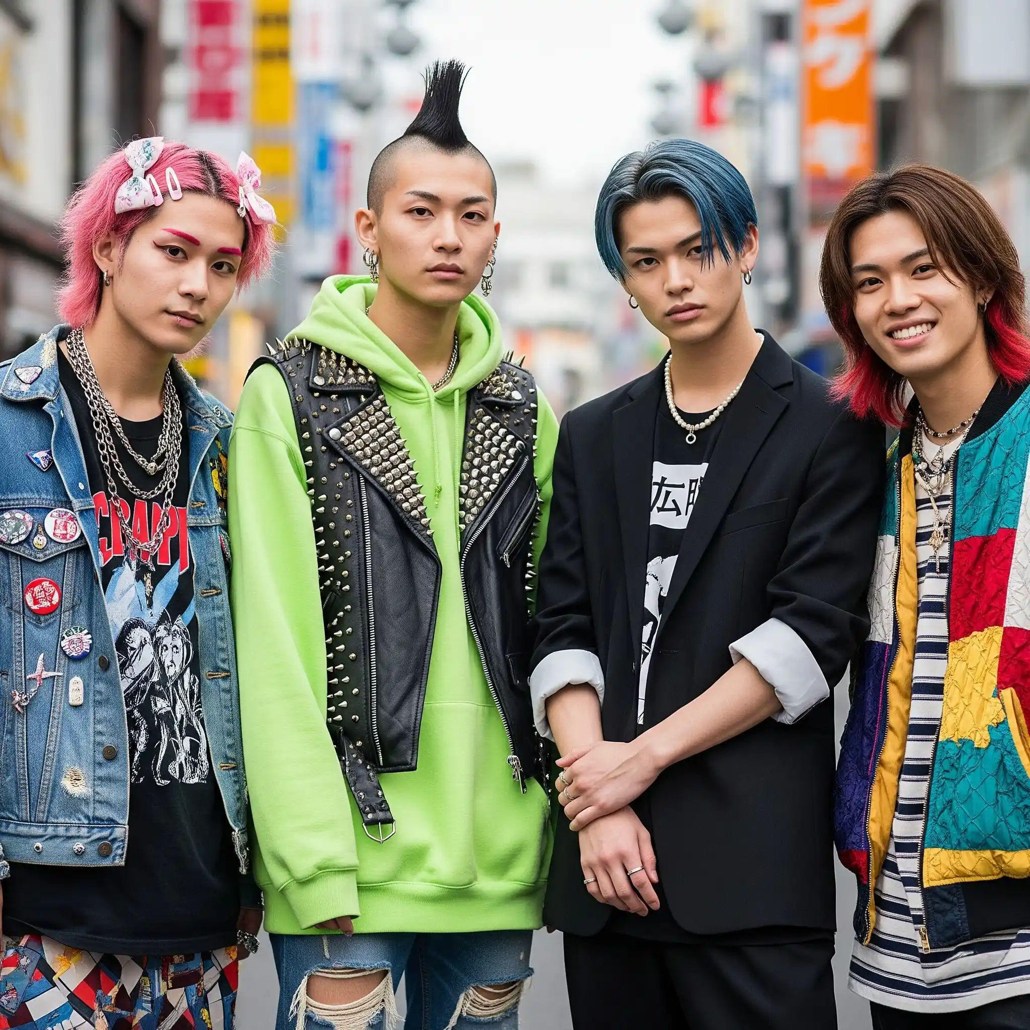 Four young men in Harajuku street fashion posing in a half close-up on a Tokyo street.
