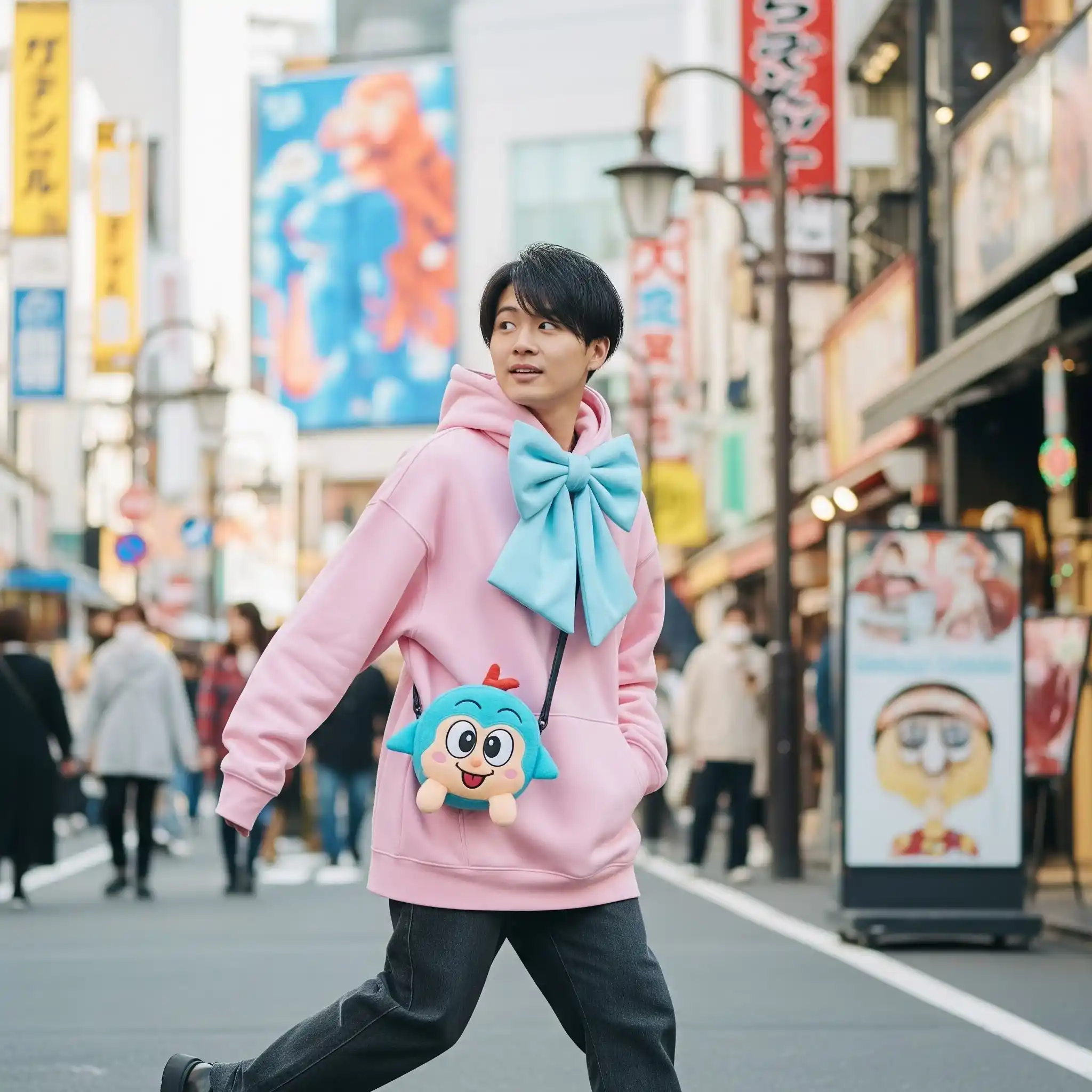 A young man in kawaii Harajuku fashion with pastel hoodie and cute accessories.