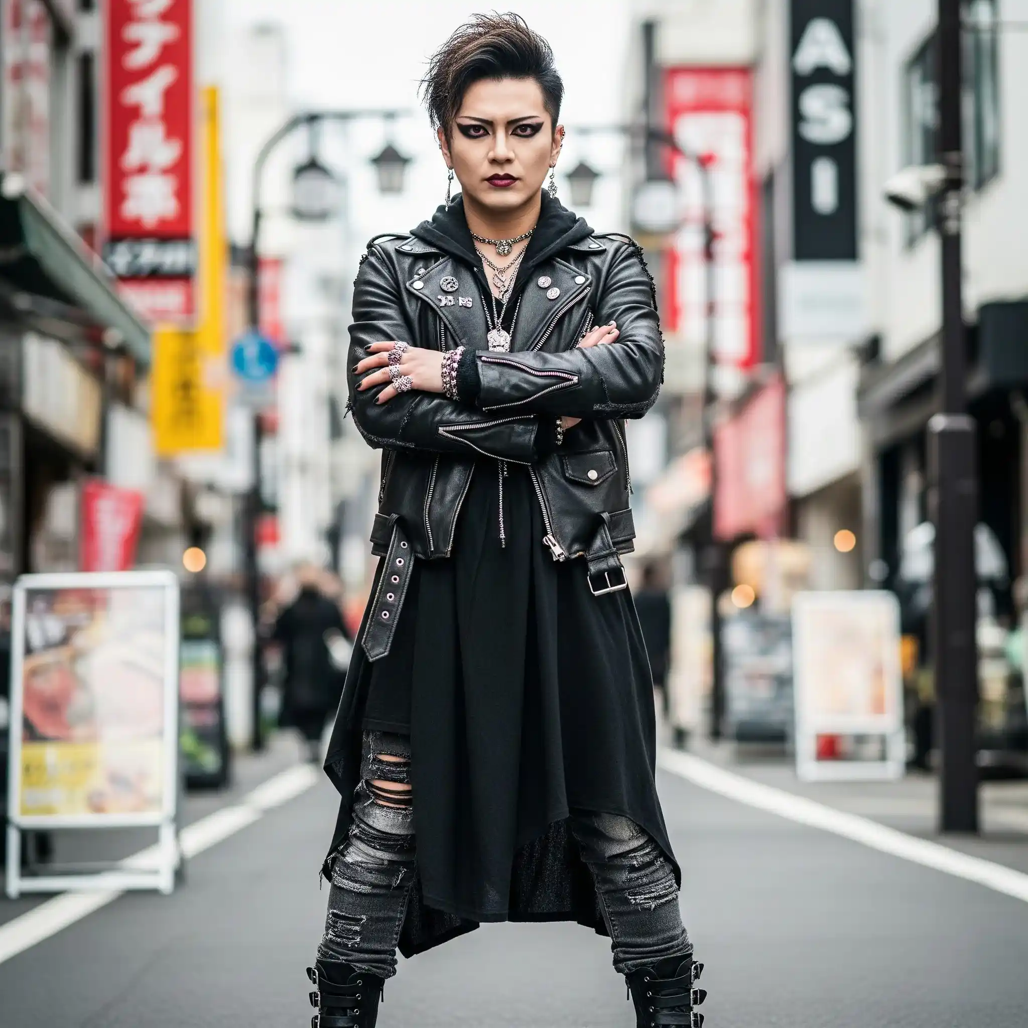 A Japanese man in gothic Harajuku street fashion with black outfit and makeup.
