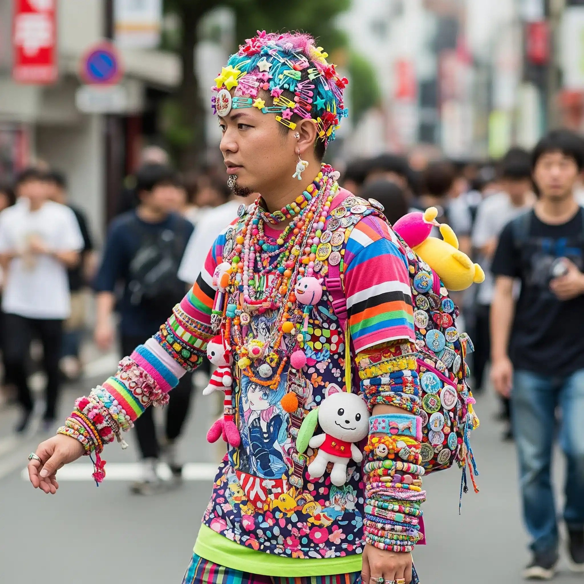 A man in Decora Harajuku style covered in colourful accessories.