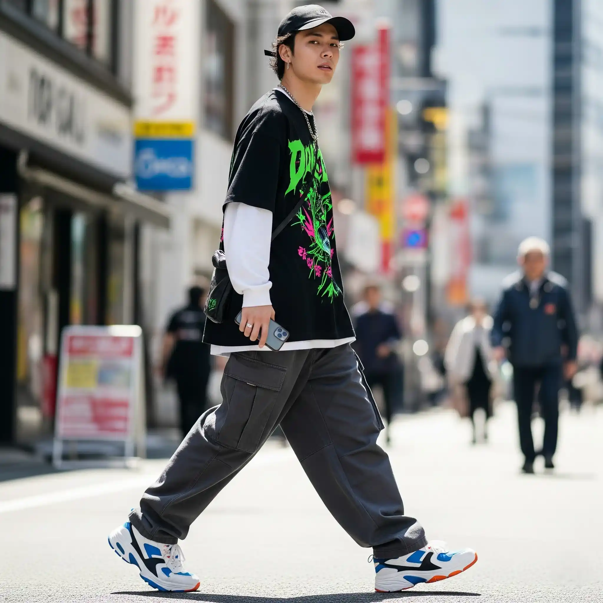 A man in Harajuku streetwear with oversized outfit and sneakers.