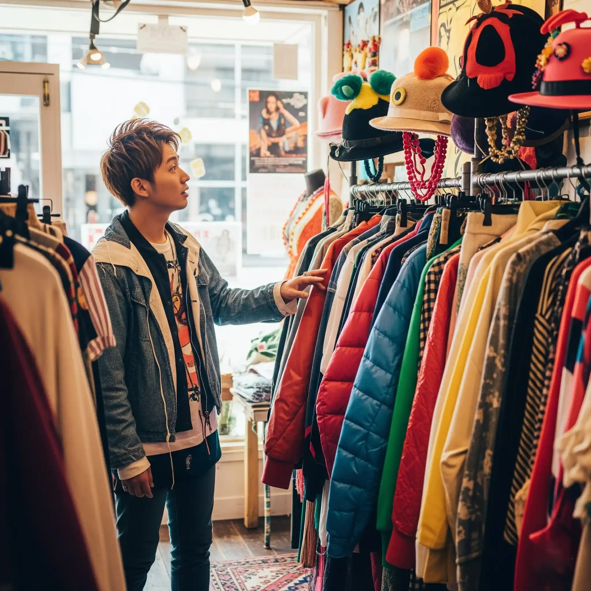A young man exploring unique fashion in a Harajuku boutique.