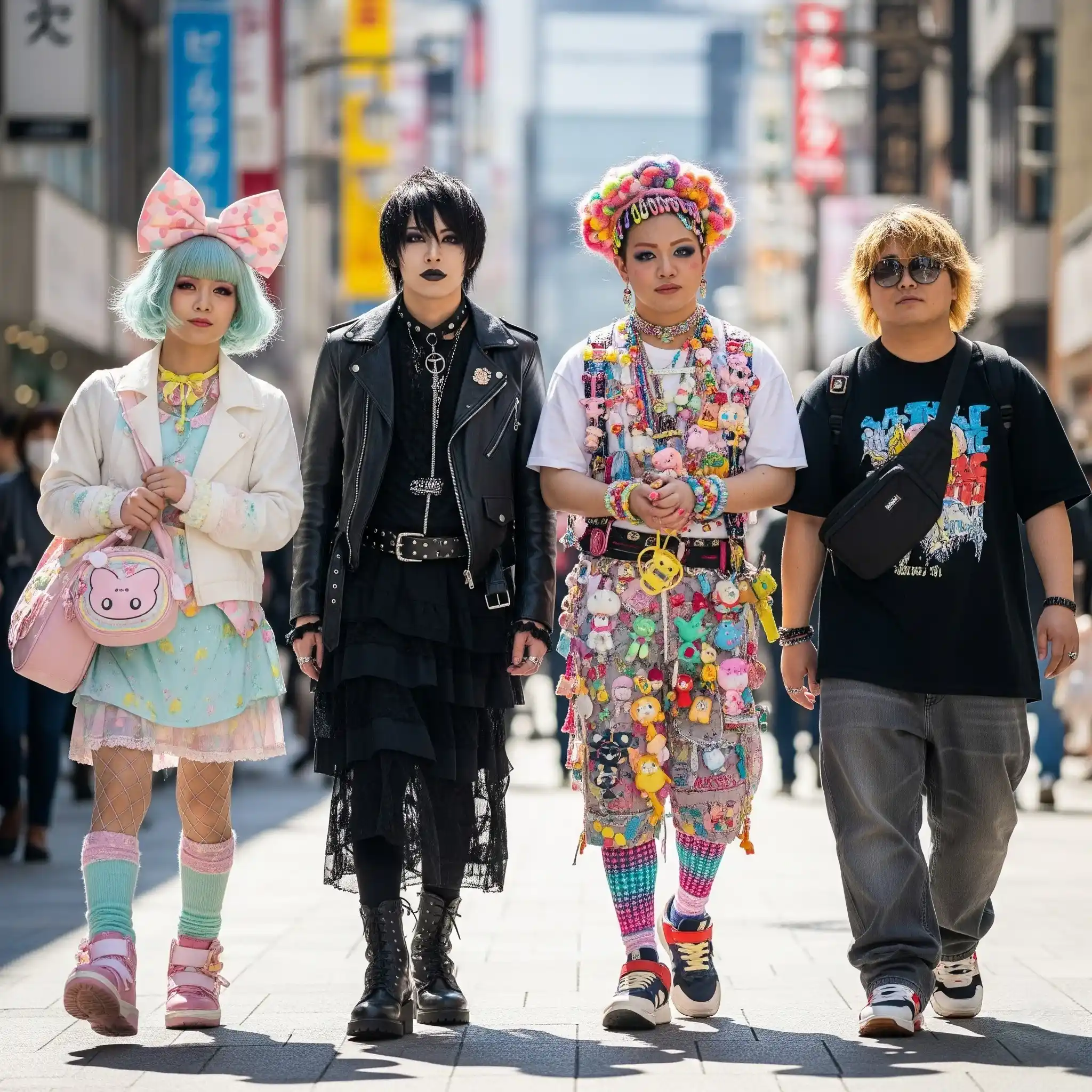 A group of young men in diverse Harajuku styles walking in Tokyo.