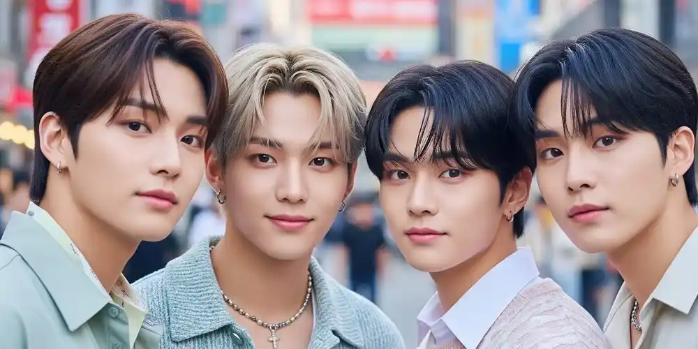 Close-up of four young Korean men with radiant skin and trendy outfit in Seoul.