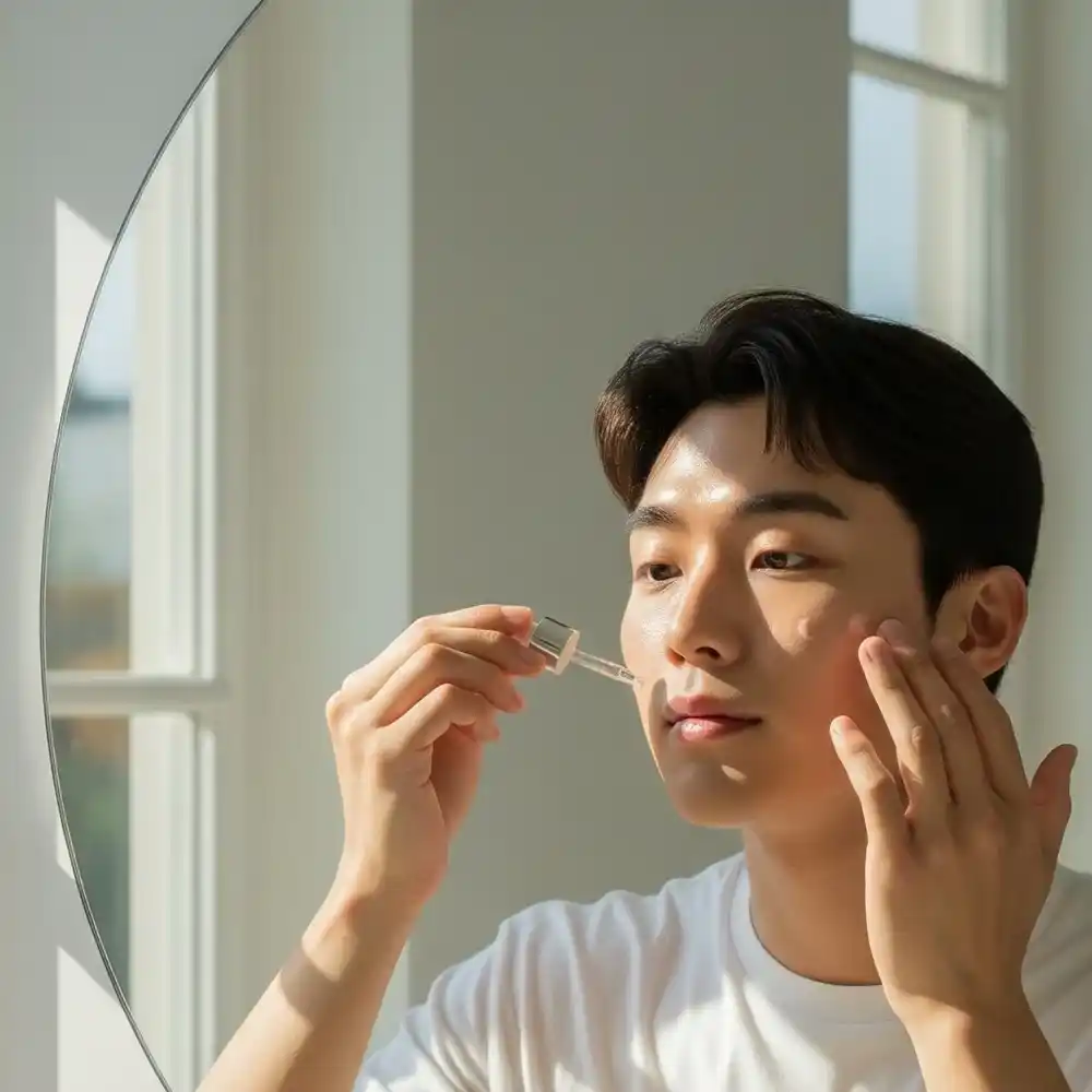Korean man applying skincare serum in front of a mirror during the day.