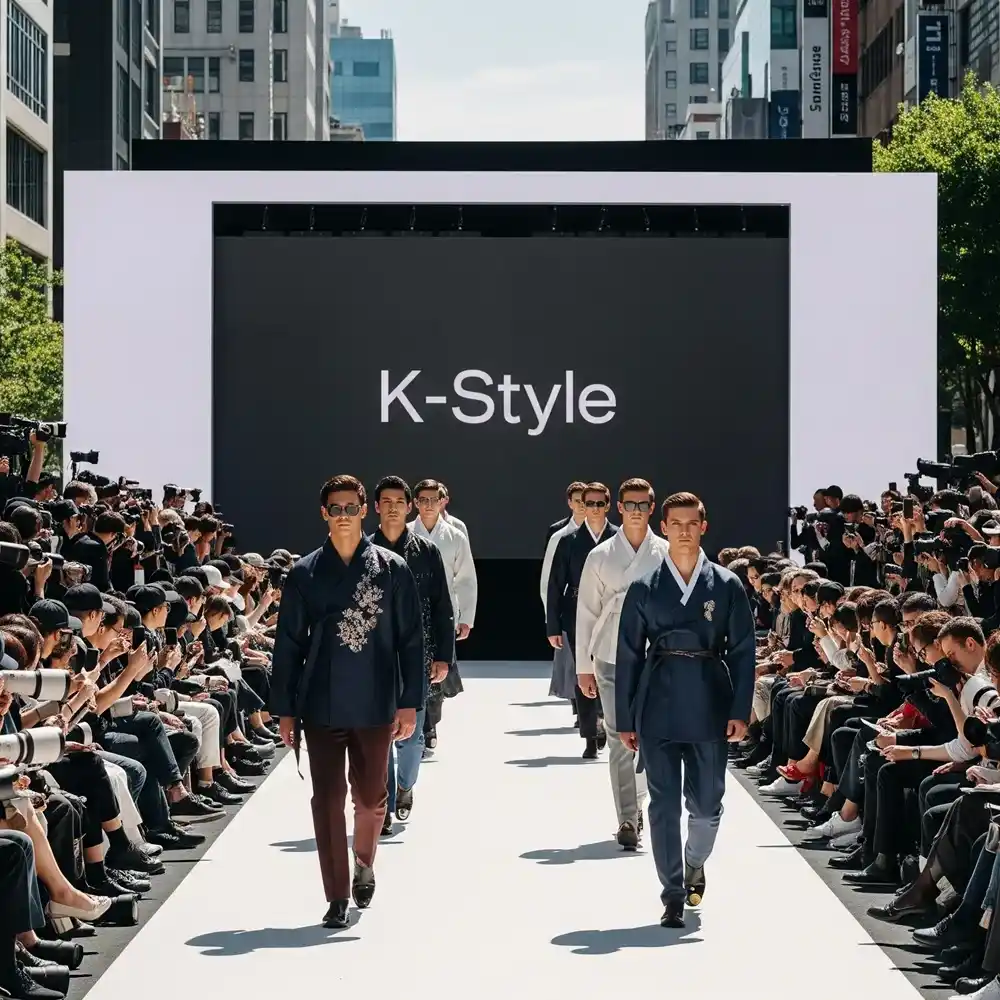 Male models on international runway in Korean-inspired fashion.