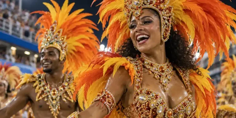 Samba dancers in colourful feathered costumes performing during Rio de Janeiro Carnival.