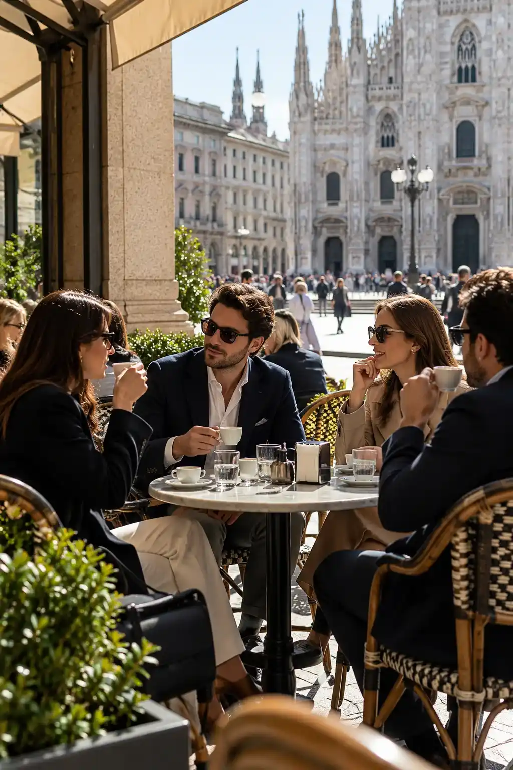 Elegant Milan café terrace with people enjoying espresso and conversation in daylight near the Duomo.