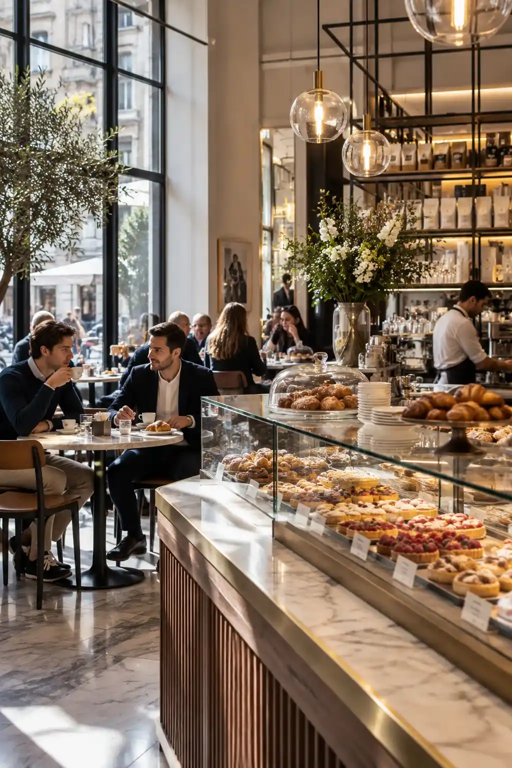 Modern Milan café interior with people drinking espresso and a glass pastry counter filled with Italian pastries.