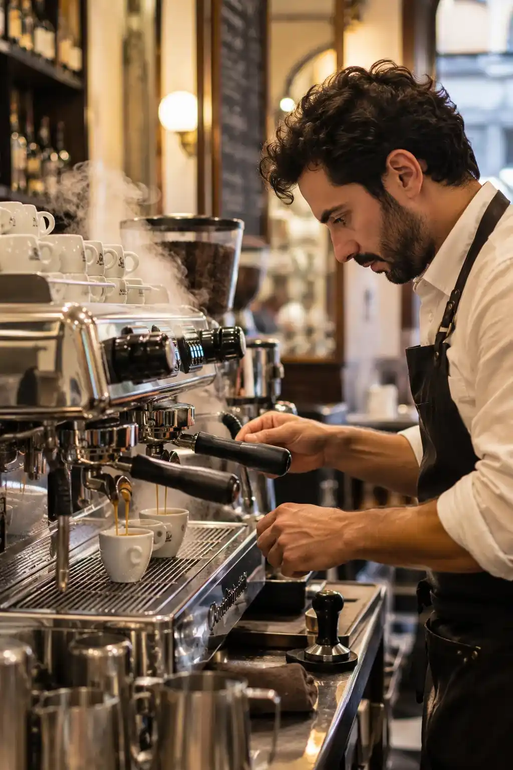 Roman barista preparing espresso with a professional coffee machine as steam rises around the counter.