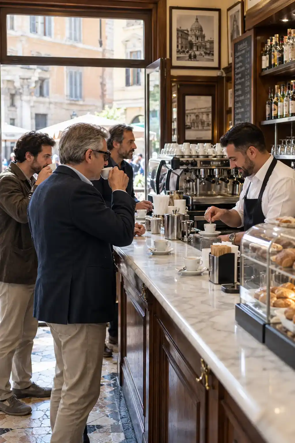 Traditional Roman café interior with men drinking espresso at a marble bar beside the coffee machine.