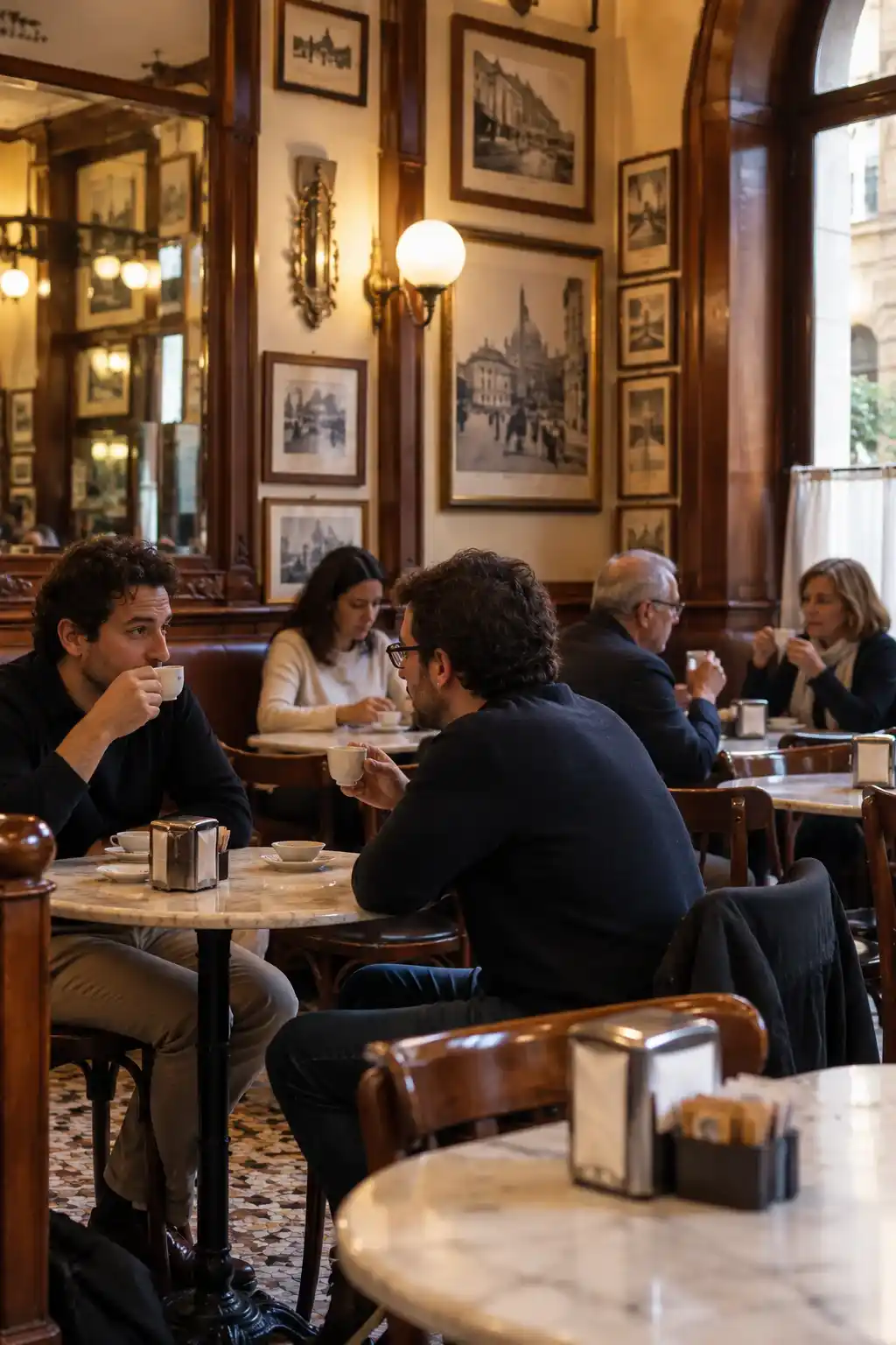 Traditional Roman café interior with people sitting at marble tables, drinking espresso and talking.