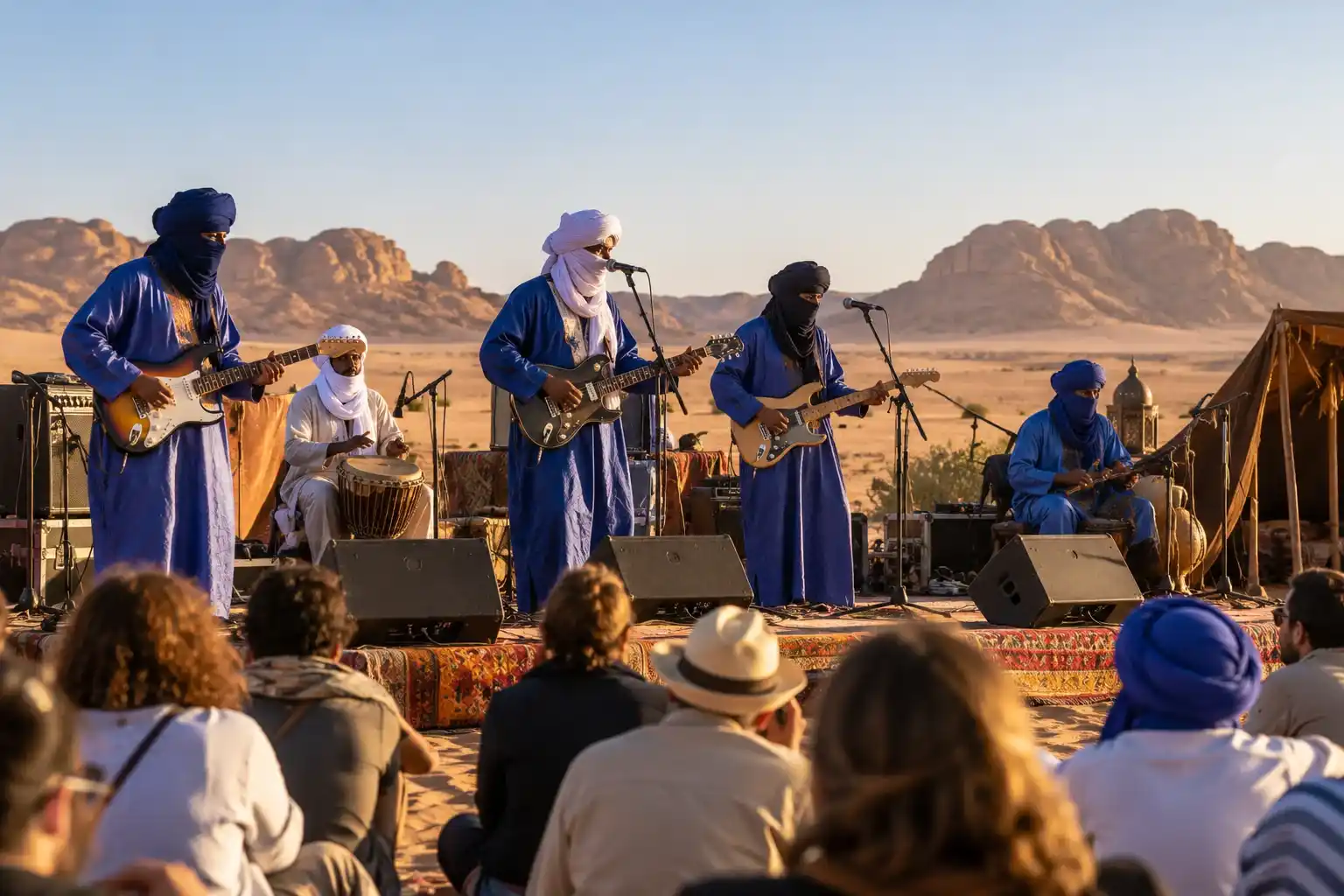 Tuareg musicians perform Desert Blues on an outdoor stage as an audience watches in the Sahara Desert.