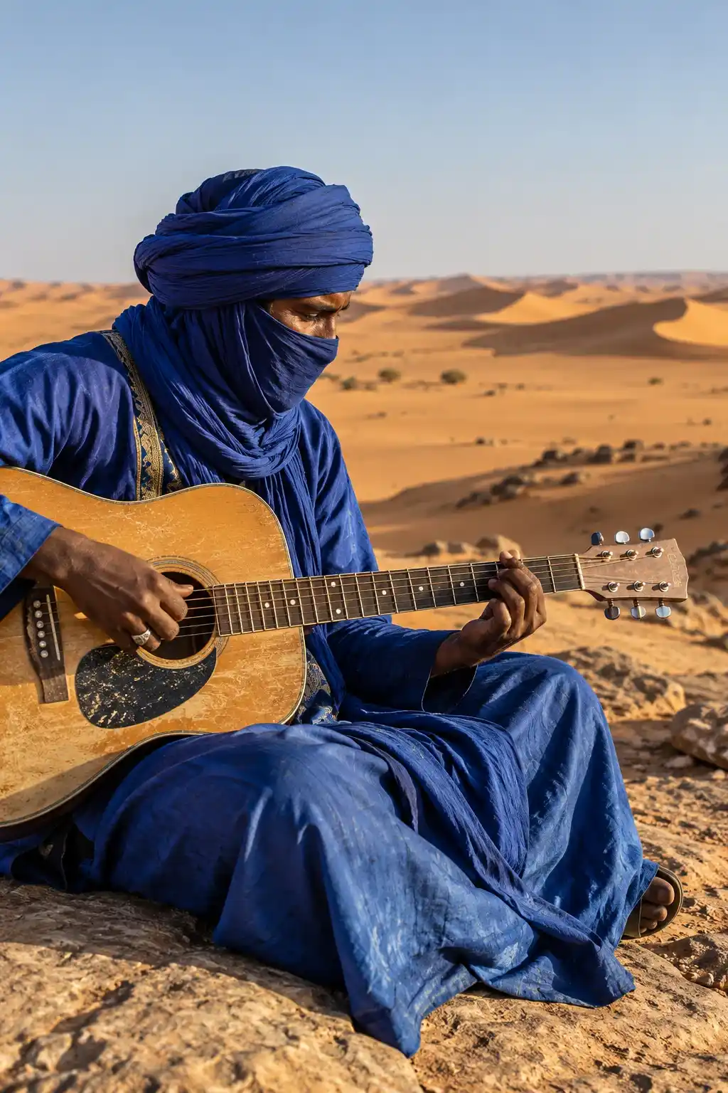 Tuareg musician in an indigo robe playing an acoustic guitar against the vast sand dunes of the Sahara Desert.