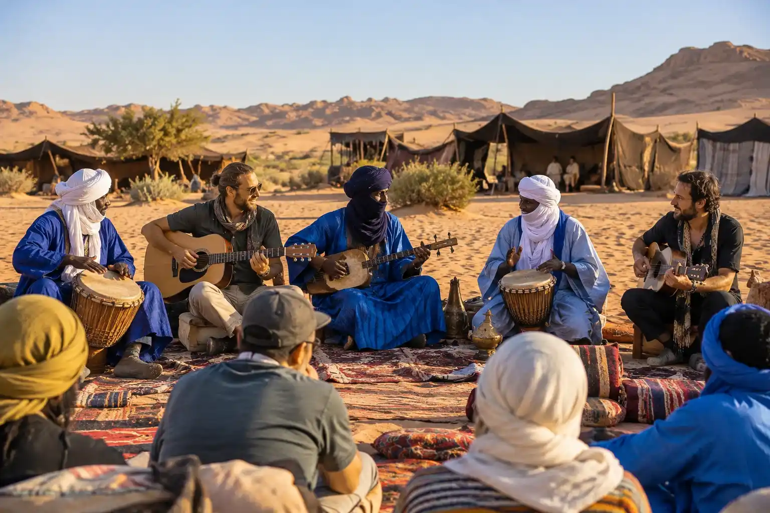 Tuareg and international musicians play guitars and drums together at a desert camp, blending musical traditions.