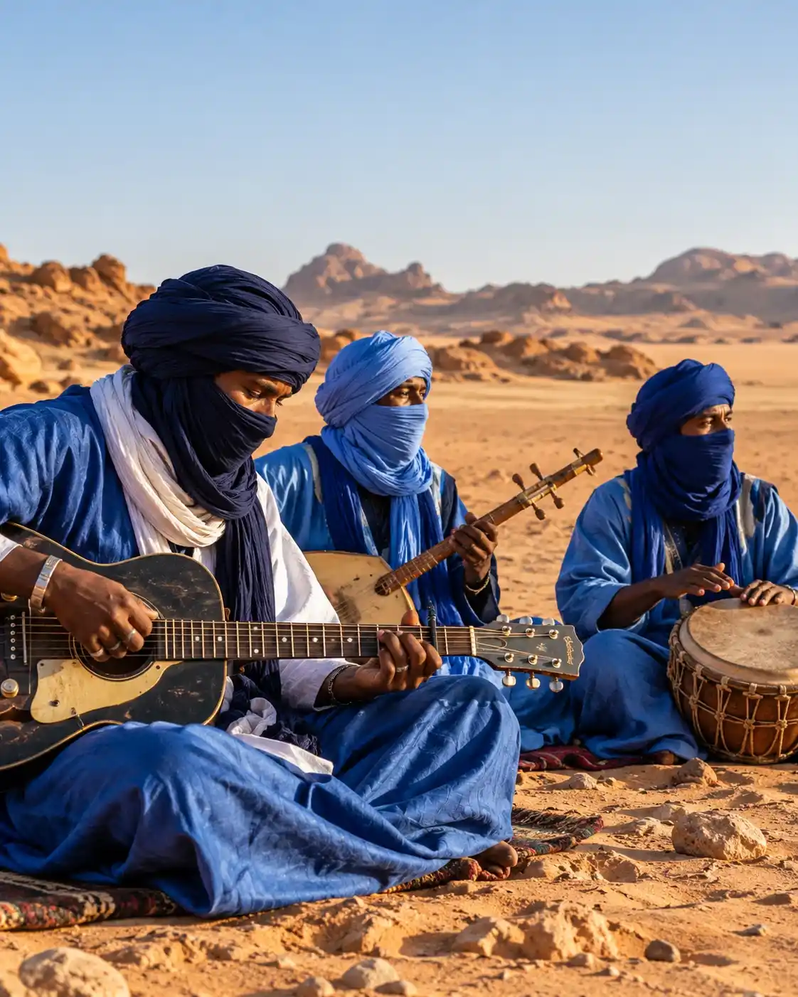 Three Tuareg musicians in blue robes playing guitars and a hand drum in the rocky Sahara Desert.