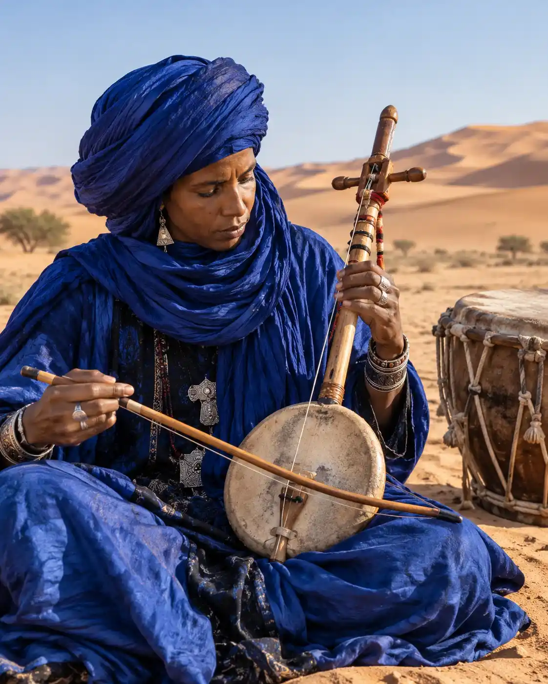Tuareg woman playing the traditional Imzad fiddle beside a tinde drum in the Sahara Desert.