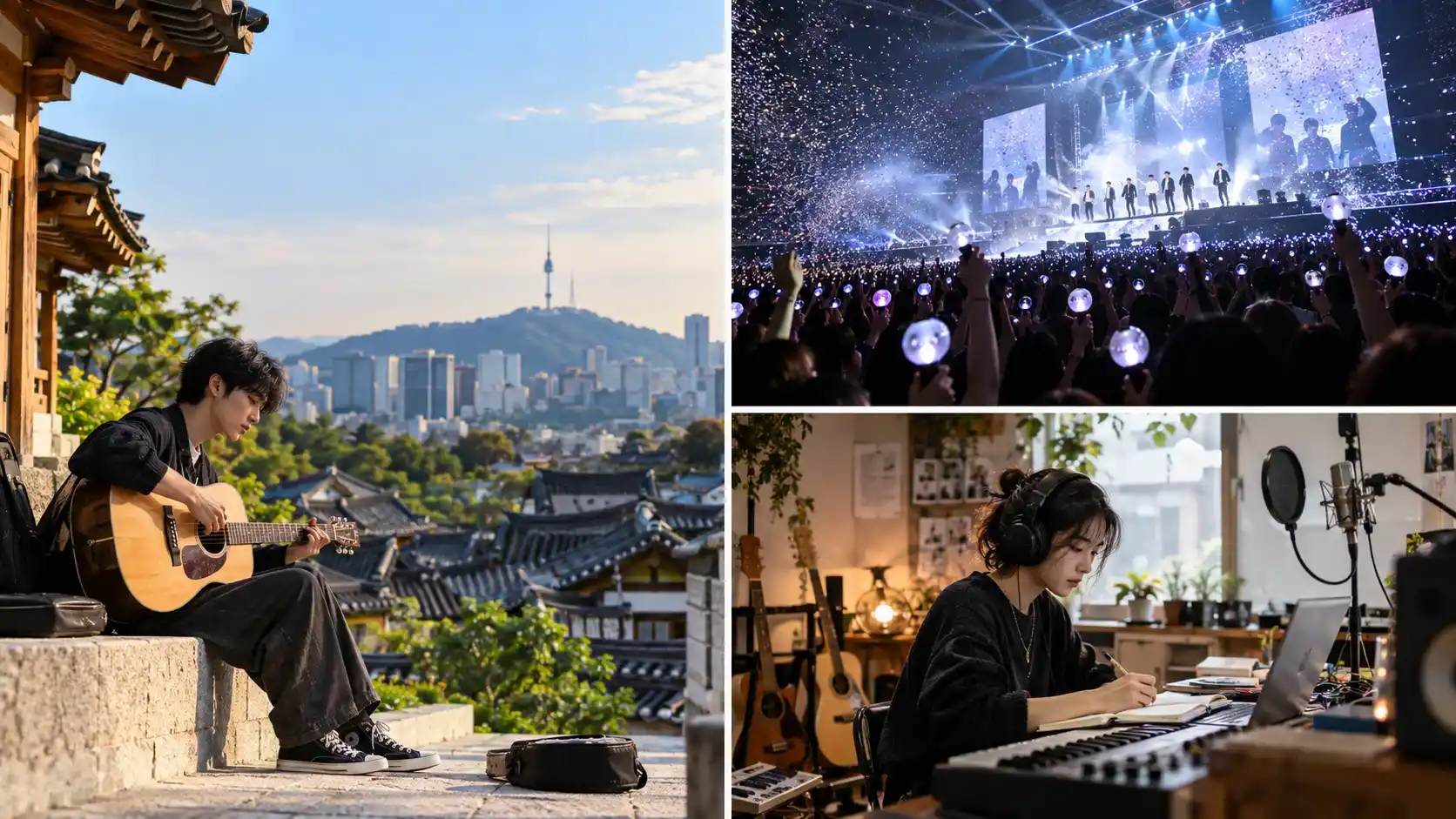 Kolase yang menampilkan budaya musik Korea Selatan dengan gitaris di dekat arsitektur tradisional Korea, konser K-pop besar dan musisi yang bekerja di studio rekaman rumahan.