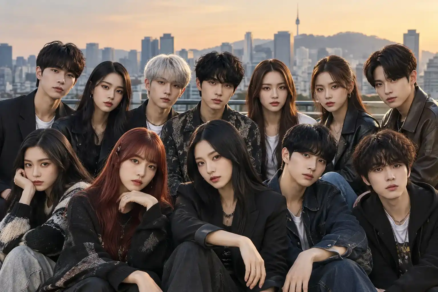 Sekelompok musisi muda Korea Selatan berpose bersama di atas rooftop dengan pemandangan kota Seoul di belakang mereka.