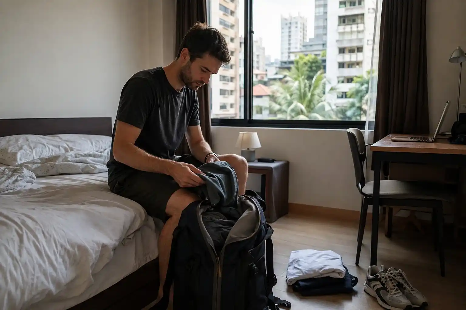 Male digital nomad unpacking clothes from a backpack in a temporary bedroom in Bangkok.