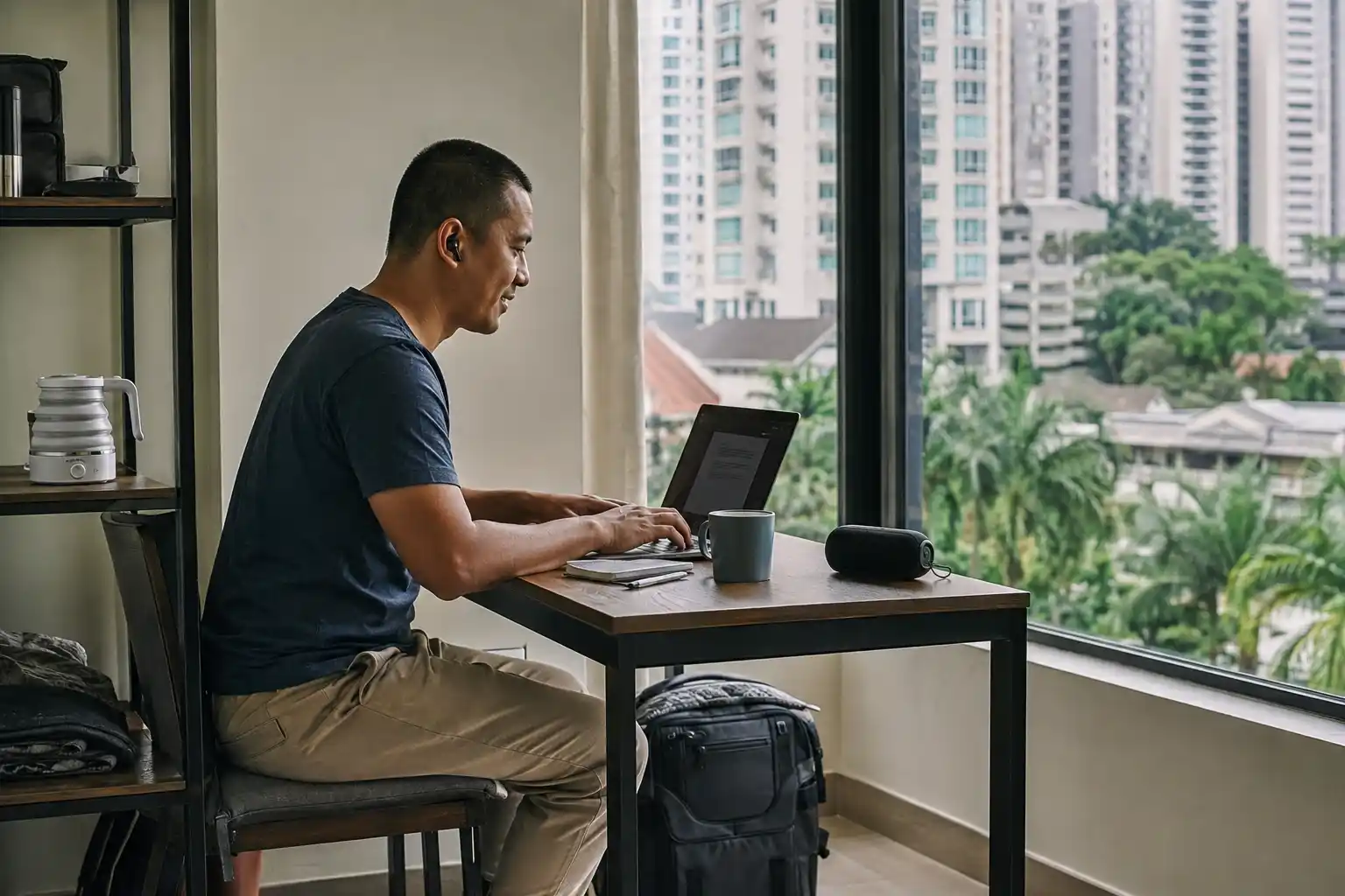 Male digital nomad working with a laptop and portable belongings in a rented Kuala Lumpur apartment.
