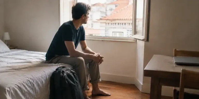 Male digital nomad sitting on the edge of a bed in a rented Lisbon apartment with his backpack beside him.