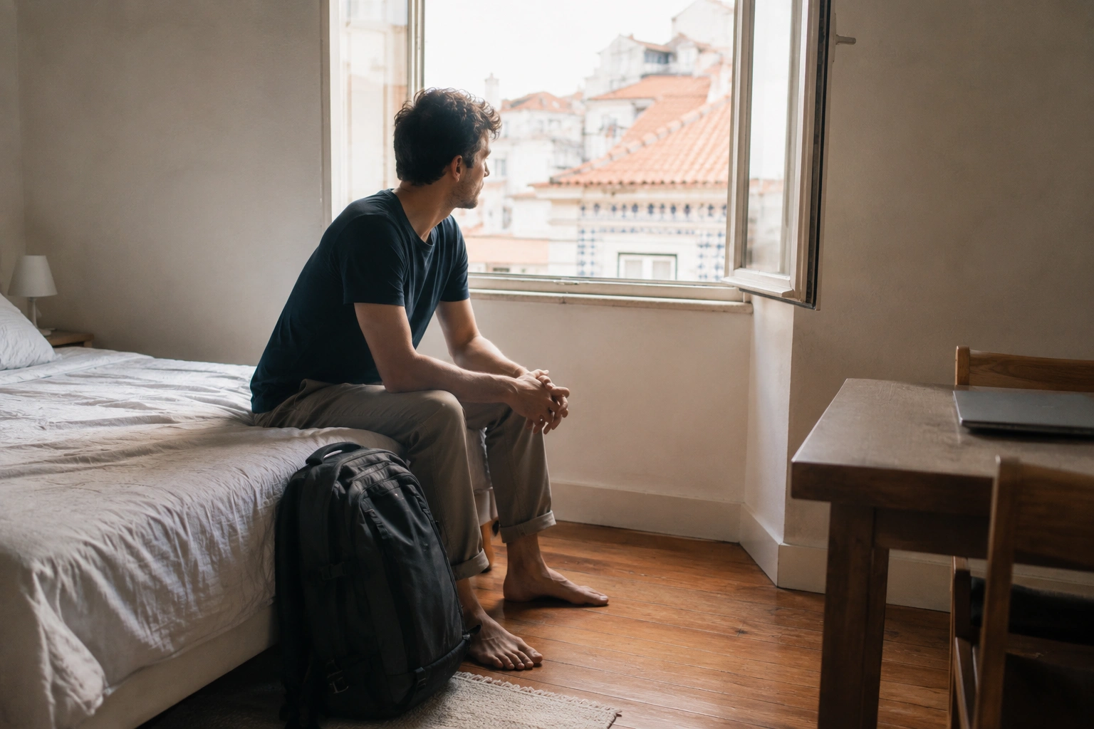 Male digital nomad sitting on the edge of a bed in a rented Lisbon apartment with his backpack beside him.