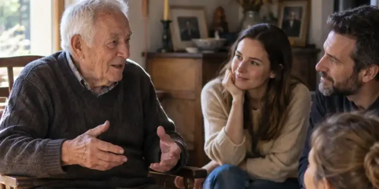 Elderly Western man telling a story to three younger family members in a simple traditional home.