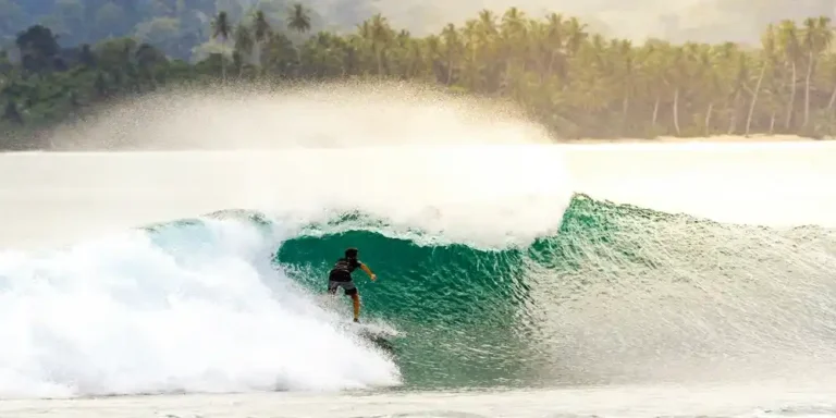 Surfer riding inside a green barrel wave in the Mentawai Islands, Indonesia, with spray and palm-lined jungle behind.