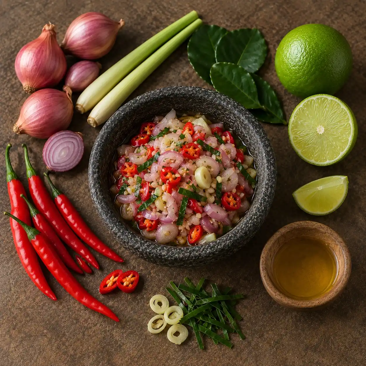 Top-down view of Sambal Matah in a stone bowl, surrounded by shallots, lemongrass, chillies, kaffir lime leaves, limes and coconut oil.