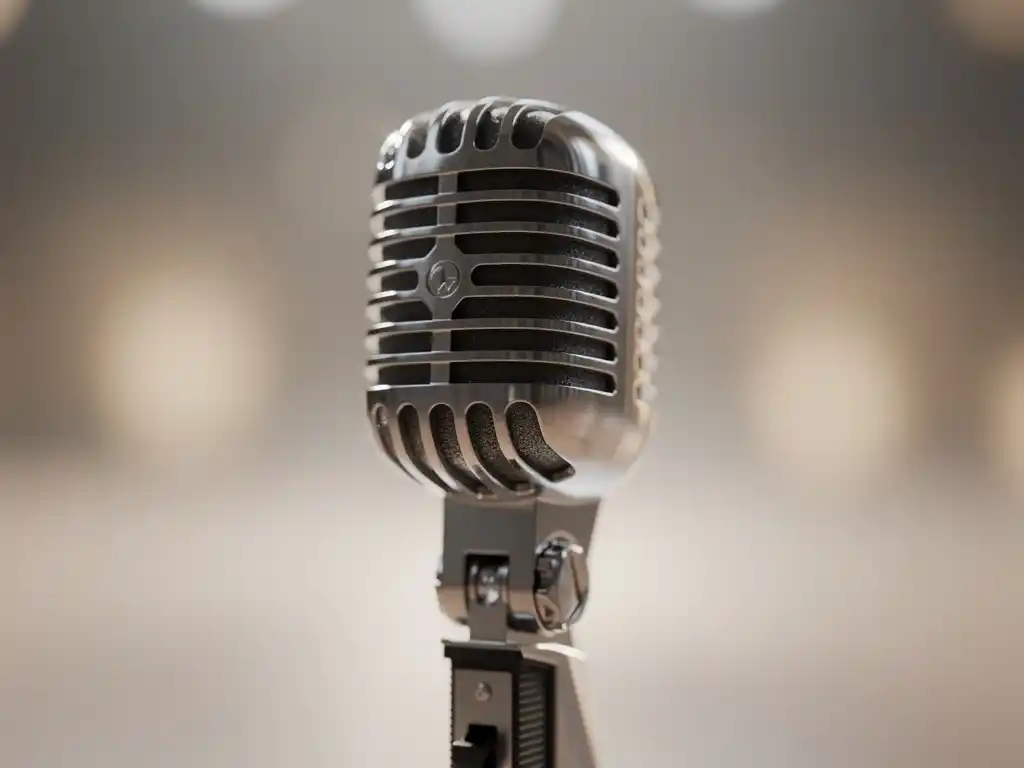 Close-up of a vintage microphone on a stand with a blurred background.