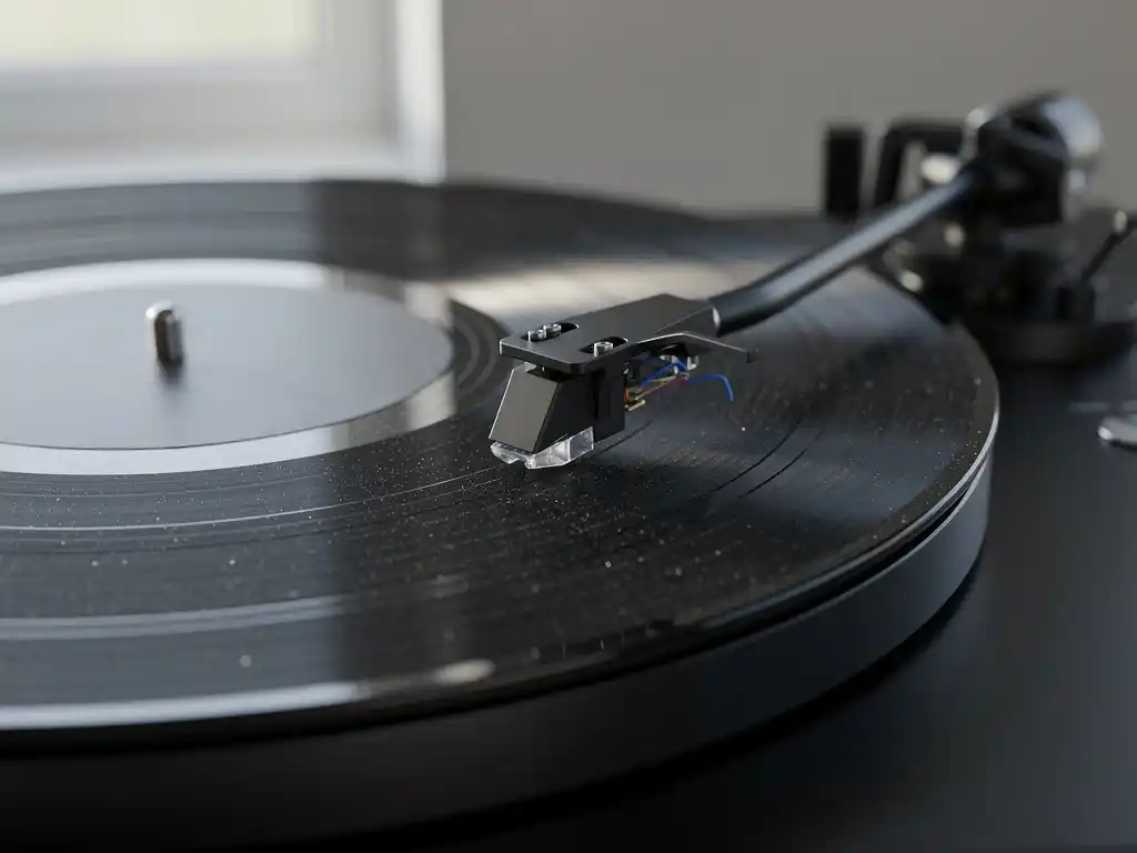 Close-up of a vinyl record playing on a turntable with visible grooves.