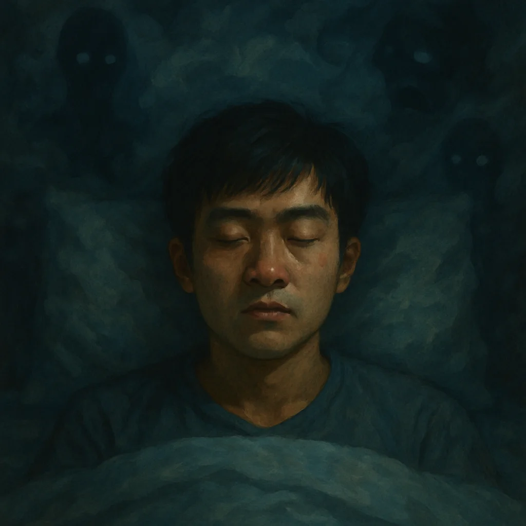 A man sleeping peacefully while eerie shadow figures with glowing eyes loom in the dark background, symbolising unsettling dreams.