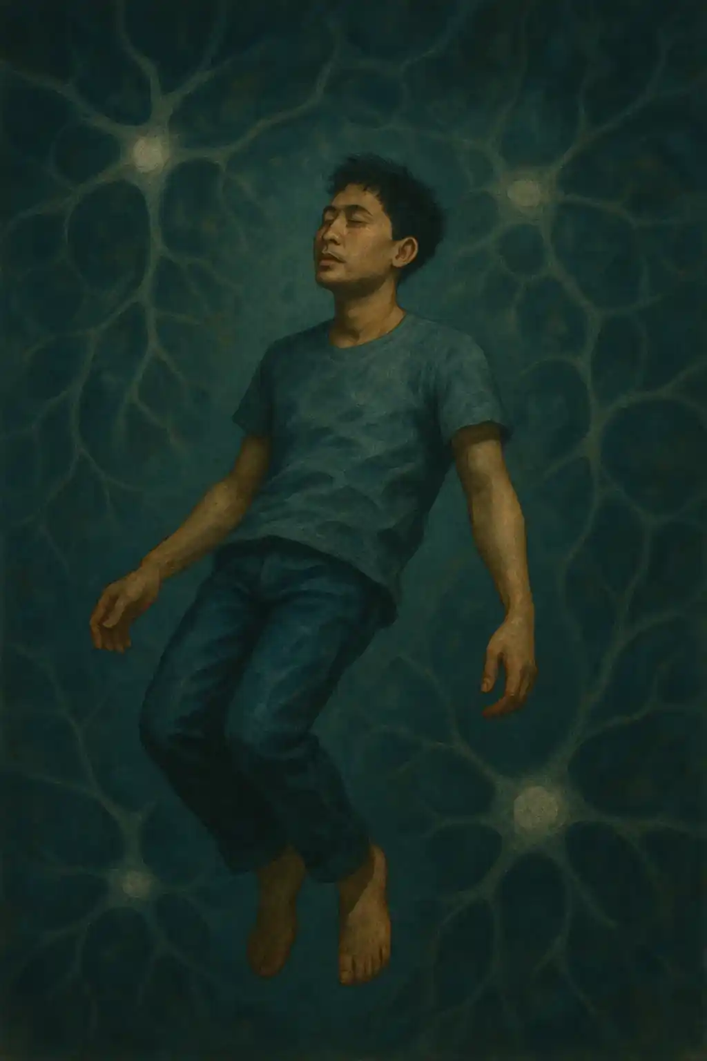 A man floats calmly in a surreal space filled with glowing neural patterns, symbolising the mystery of the dreaming mind.