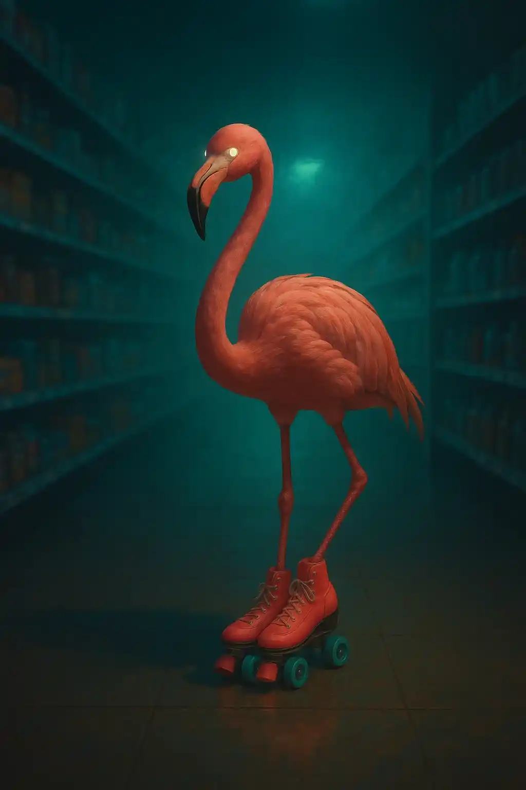 A surreal flamingo on roller skates in a dimly lit grocery store aisle, glowing eyes and soft pink feathers in dreamlike lighting.