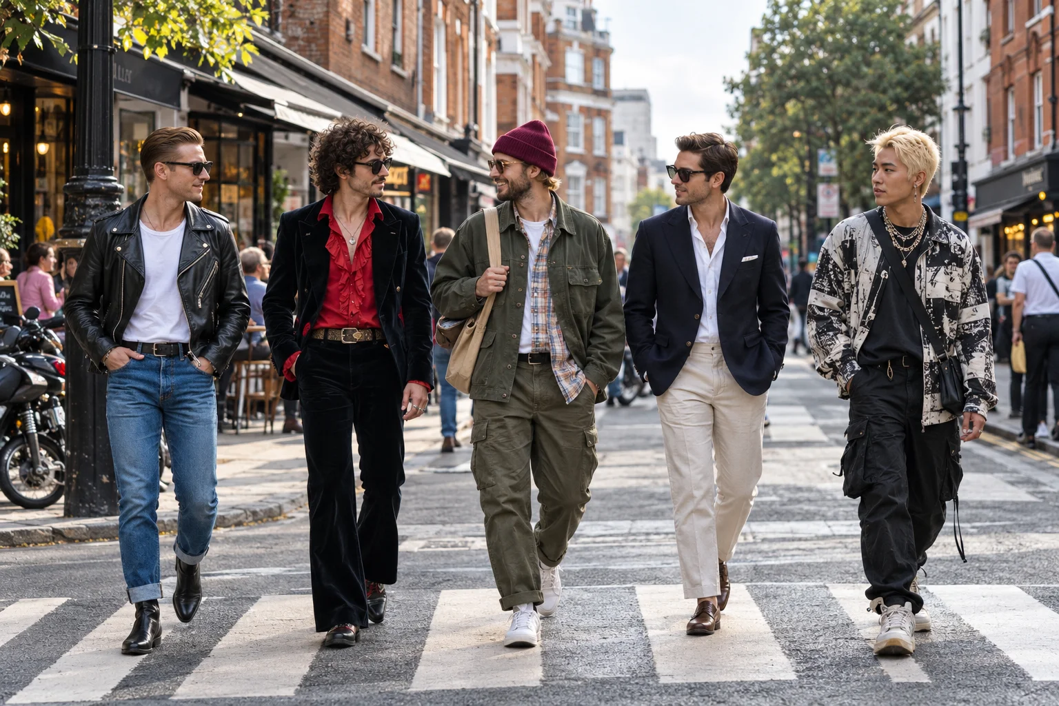 Five fashion-forward men walk across a zebra crossing on a vibrant city street, each showcasing a unique style from different fashion eras – from classic rock looks to modern urban trends – surrounded by brick buildings and parked scooters.