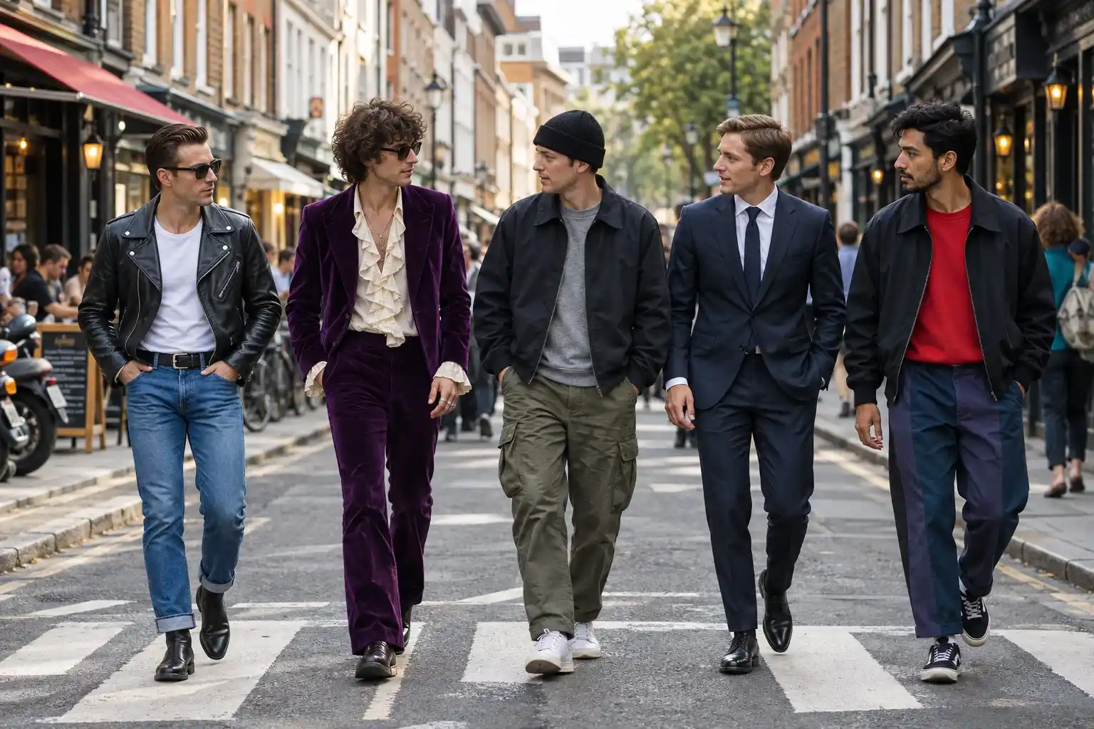 Five stylish men walk side by side on a lively city street, each dressed in fashion styles from different decades – from a 1950s leather jacket to 2020s streetwear – with brick buildings, a crosswalk and café seating in the background.