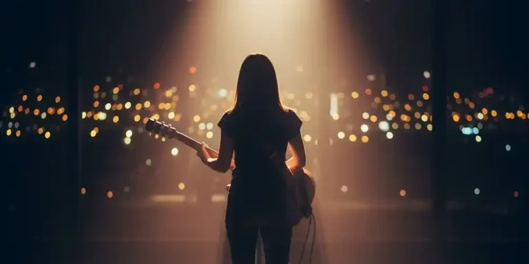 Silhouette of a young woman standing on a dimly lit stage with a guitar on her back, warm spotlights shining, creating an emotional and powerful atmosphere.