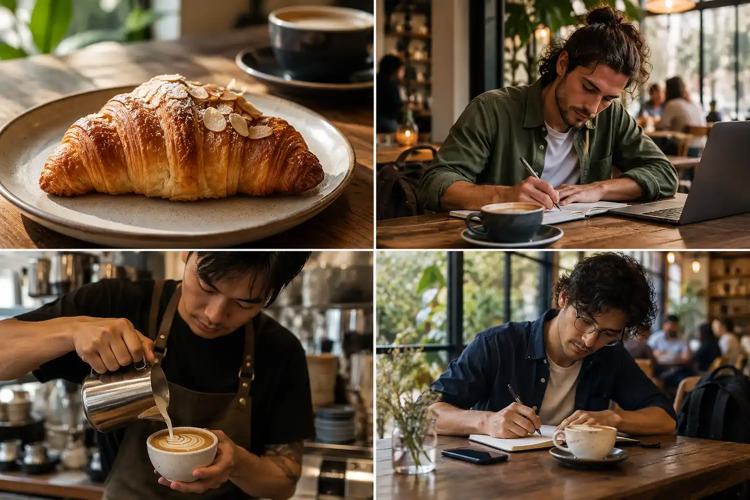Kolase dari empat gambar bertema kafe: close-up kue, dua foto pria muda sedang menulis di suasana kafe yang santai, dan seorang barista menuang latte art.