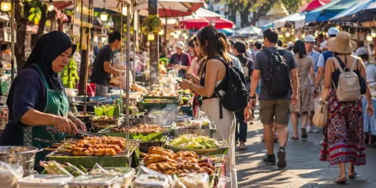 Vendor in a hijab grills skewers at a sunny Chiang Mai street market as shoppers stroll towards a golden temple spire.