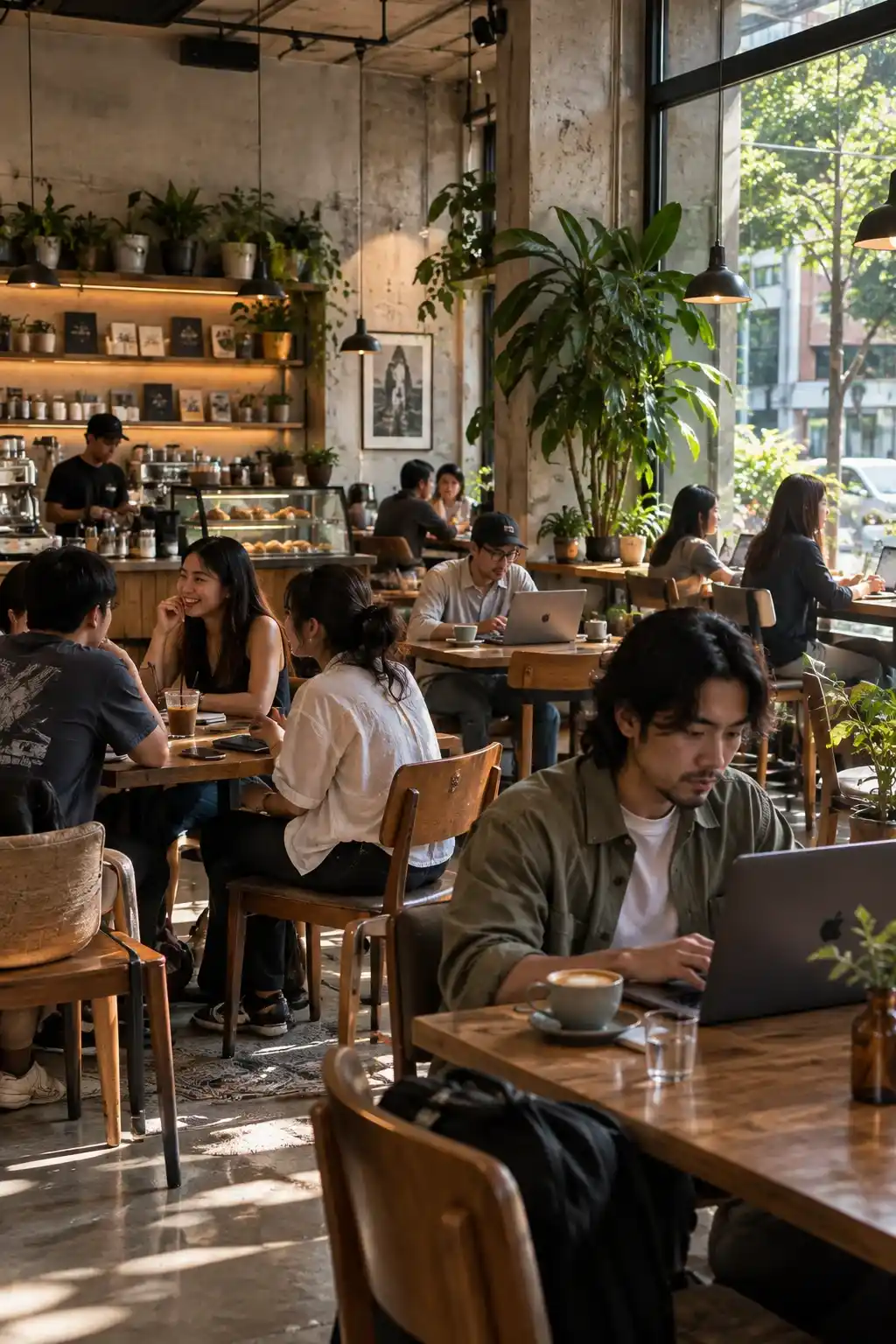 Kafe modern dengan pencahayaan alami, anak muda sedang bekerja di laptop, mengobrol dan bersantai – tempat yang nyaman tapi penuh energi, seperti pusat kreativitas.