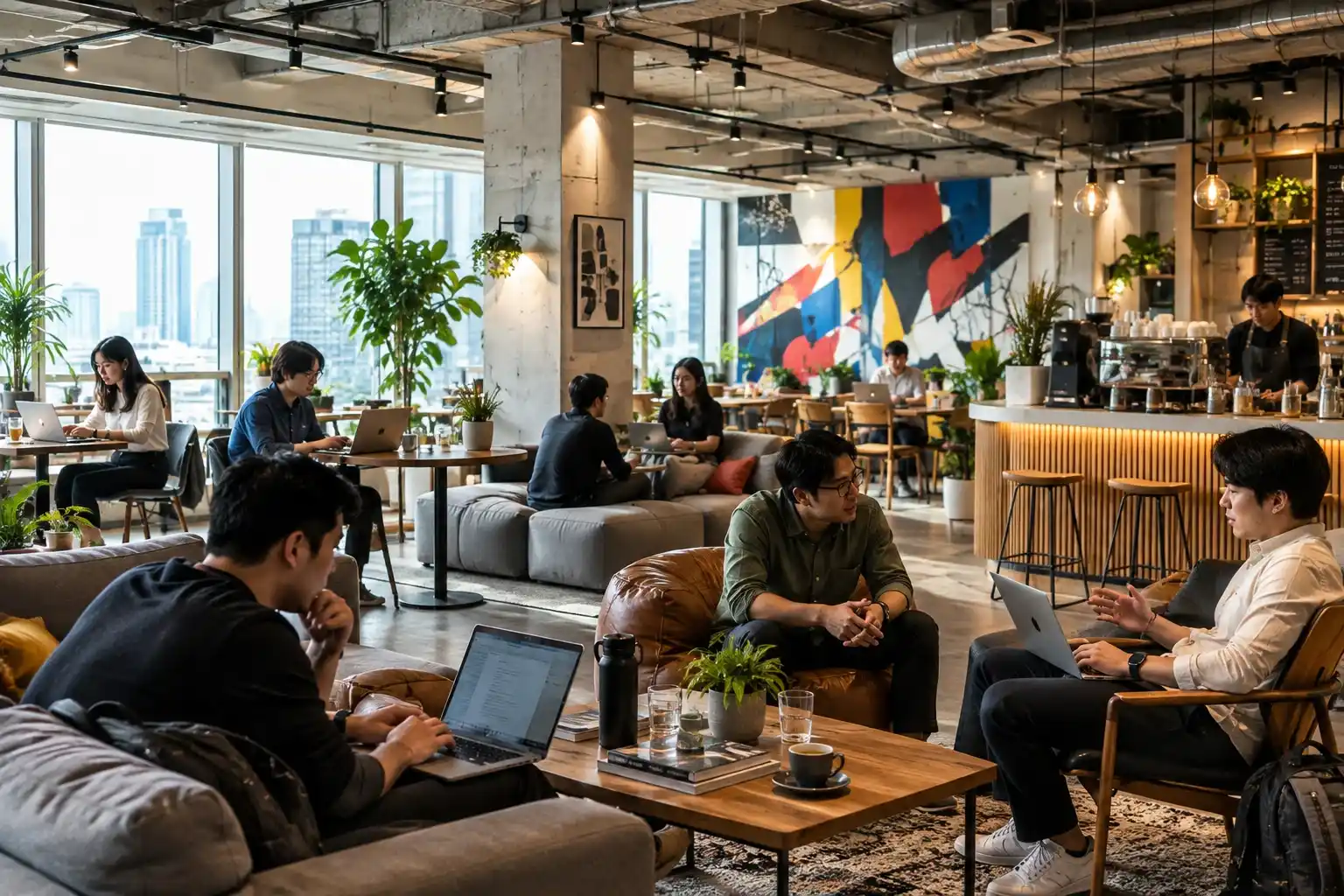 Ruang kantor modern bergaya kafe, dengan bean bag, bar kopi, dan orang-orang yang bekerja atau mengobrol dengan santai.
