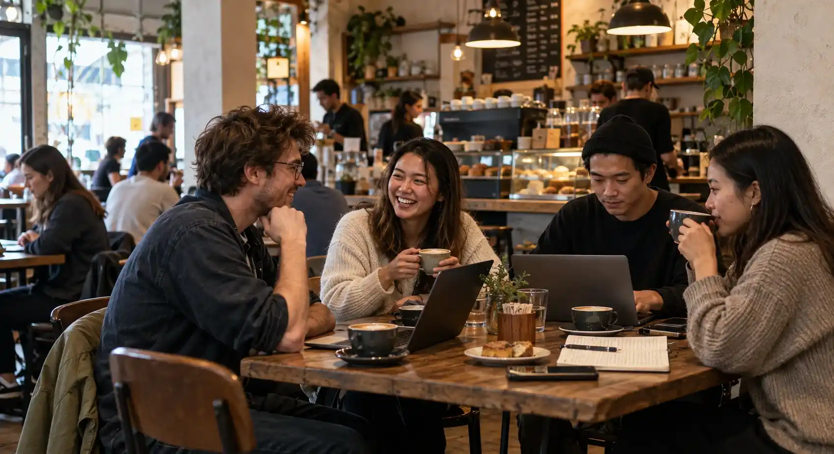 Anak muda sedang bekerja dan bersosialisasi di kafe modern yang nyaman, dengan pencahayaan hangat dan kopi di atas meja.