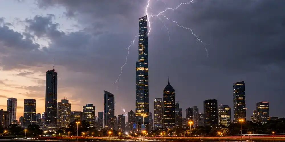 Lightning bolt striking a city at dusk.