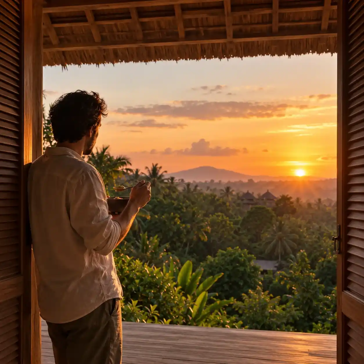 Pria bersandar di ambang pintu kayu di Bali sambil memegang mangkuk, memandang matahari terbenam di atas hutan tropis.