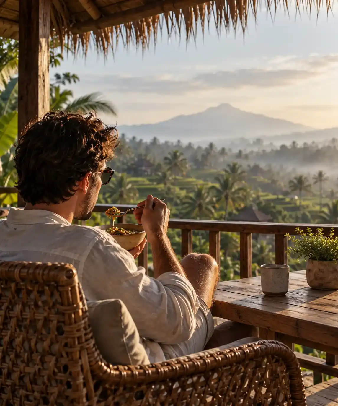 Pria berkemeja linen makan dari mangkuk di beranda beratap alang-alang di Bali, menghadap sawah terasering berkabut.