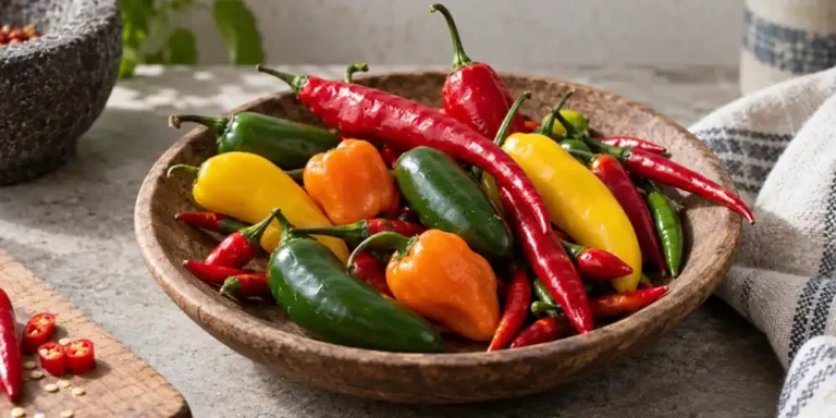 Colourful fresh chilli peppers in red, green, yellow and orange, piled together to show the variety of peppers used in dishes around the world.