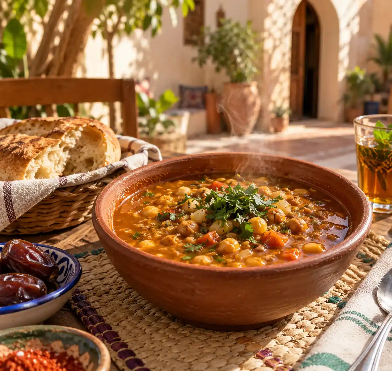 Harira mengepul berisi kacang arab dan lentil dalam mangkuk tanah liat, dengan roti, kurma dan teh mint di halaman rumah.